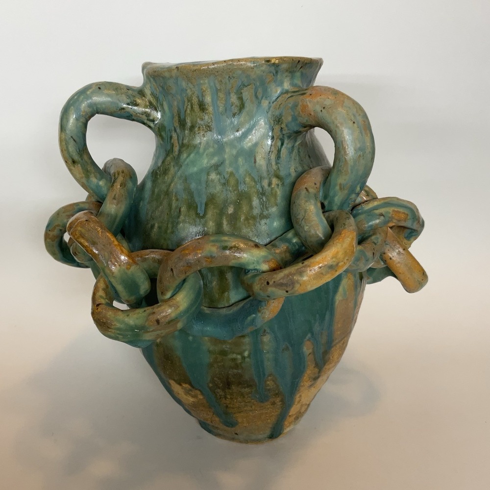 Large Vintage Handmade Asian Tan Green Light Salt Glaze Pottery Chain Wrap Vase - Picture 11 of 15
